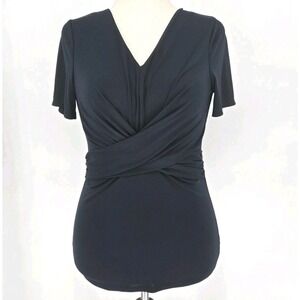 Ann Taylor Petite Navy Twist Front Top V Neck Short Sleeve Blouse MP